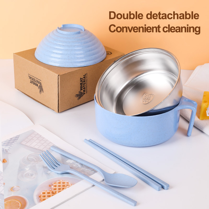 Instant noodle bowl set household instant noodle bowl with lid PP wheat 304 stainless steel kitchen accessories Bowls