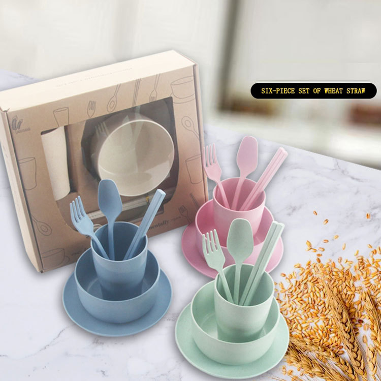 Wheat straw tableware set Plastic PP wheat fiber instant noodle bowl cup dish spoon fork chopsticks six-piece set