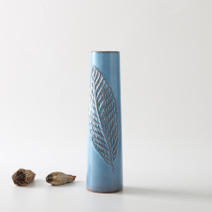 Long Tall Cylinder Shape Leaf Relief Matte Blue Ceramic Vase Tabletop Flower Vase Home Restaurant Wedding Hotel Decoration