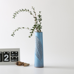 Long Tall Cylinder Shape Leaf Relief Matte Blue Ceramic Vase Tabletop Flower Vase Home Restaurant Wedding Hotel Decoration