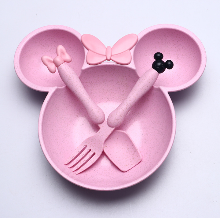 Minnie mouse shape 3-piece baby dinner plate set bamboo children's dinner plate set with fork and spoon dinnerware