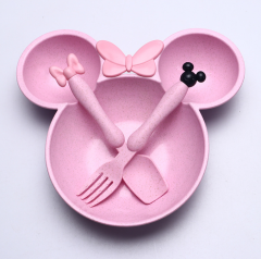 Minnie mouse shape 3-piece baby dinner plate set bamboo children's dinner plate set with fork and spoon dinnerware
