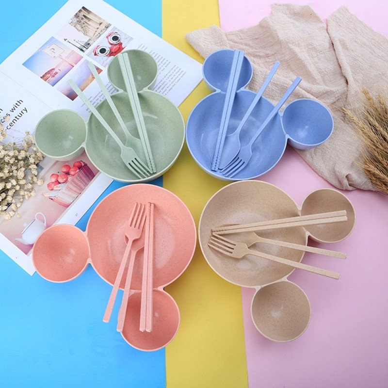 Mickey Mouse kids children plate wheat straw cutlery sets bowl fork spoon and chopsticks tableware baby tableware