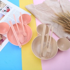 Mickey Mouse kids children plate wheat straw cutlery sets bowl fork spoon and chopsticks tableware baby tableware