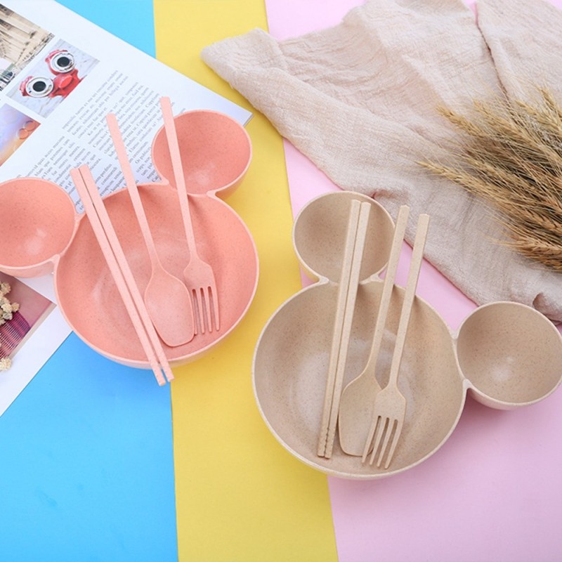Mickey Mouse kids children plate wheat straw cutlery sets bowl fork spoon and chopsticks tableware baby tableware