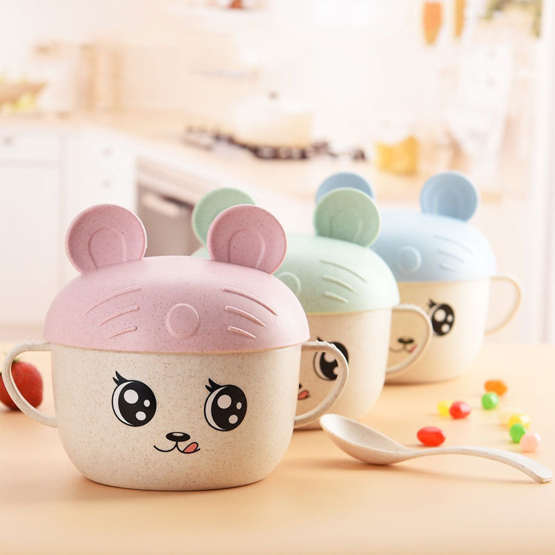 Wheat straw children's tableware bowl spoon set insulated noodle soup bowl cartoon baby bowl complementary food tableware