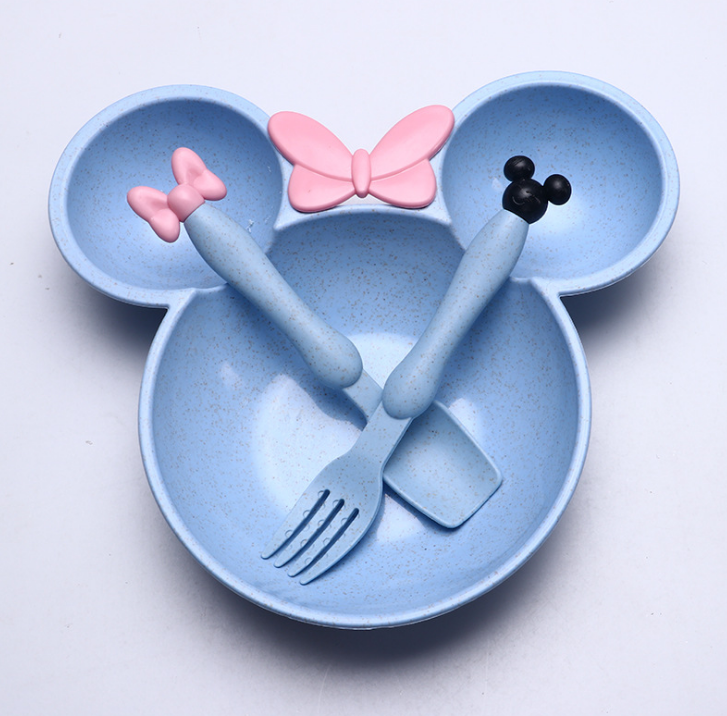 Minnie mouse shape 3-piece baby dinner plate set bamboo children's dinner plate set with fork and spoon dinnerware