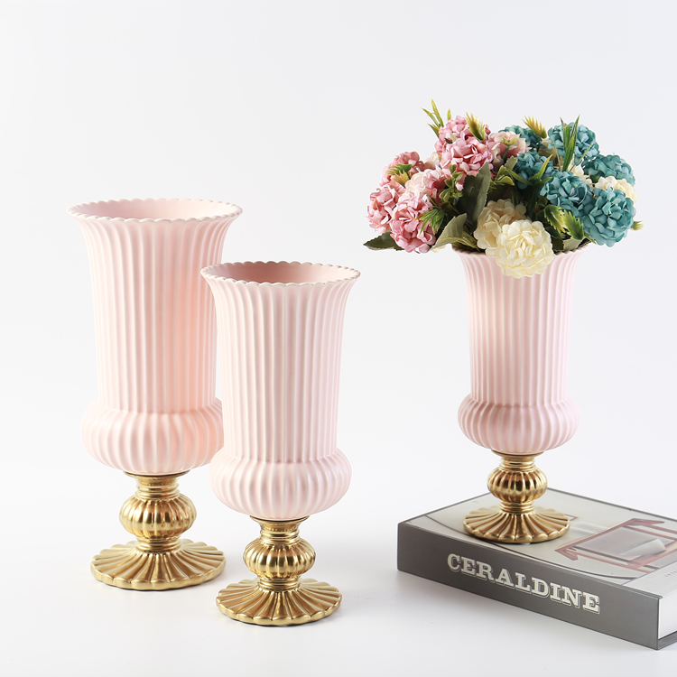 Nordic Style Ceramic Vase Stripe Round Shape Flower Vase Wedding Decorative Tabletop Vase Home Restaurant Hotel Decoration