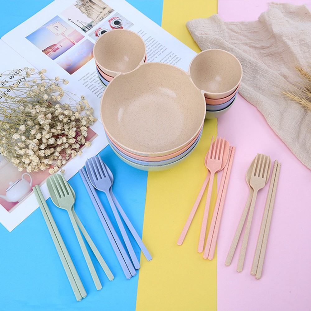 Mickey Mouse kids children plate wheat straw cutlery sets bowl fork spoon and chopsticks tableware baby tableware