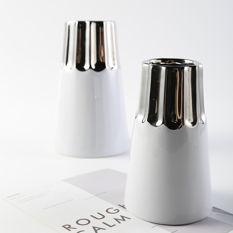Nordic Style White With Silver Plating Ceramic Vase Modern Classic Flower Vase Home Restaurant Wedding Hotel Decoration
