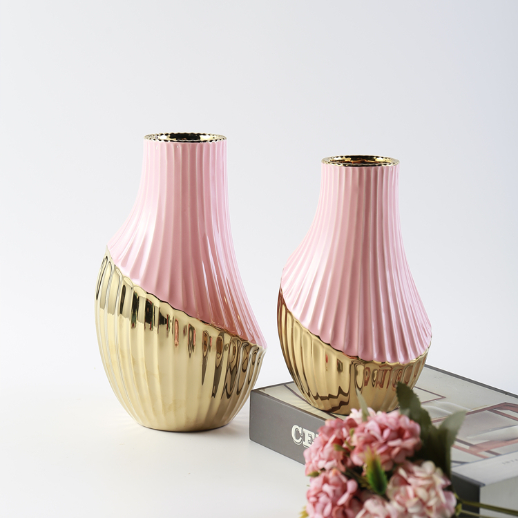 Nordic Luxury Style Pink Ceramic Flower Vase Classic Gold Plating Decorative Vase Home Restaurant Wedding Hotel Decoration