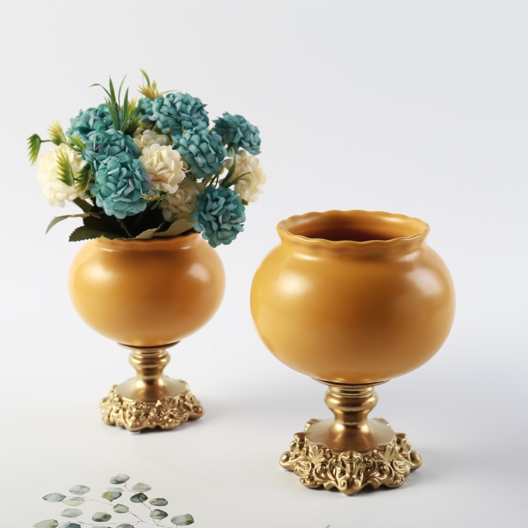 European Luxury Design Round Shape Ceramic Vase Gold Flower Vase Stand Home Restaurant Wedding Hotel Decoration