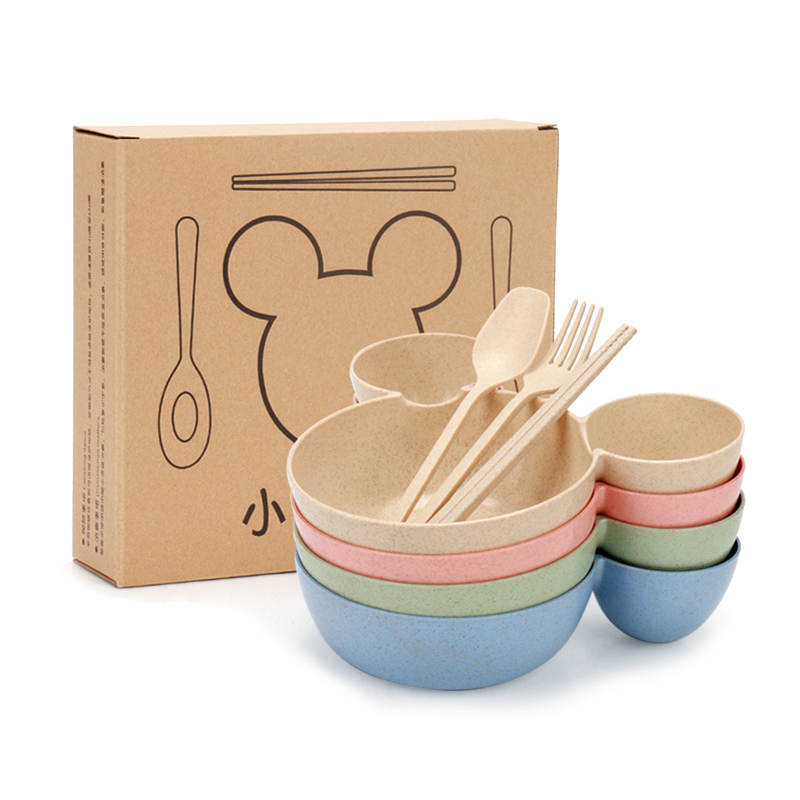 Mickey Mouse kids children plate wheat straw cutlery sets bowl fork spoon and chopsticks tableware baby tableware