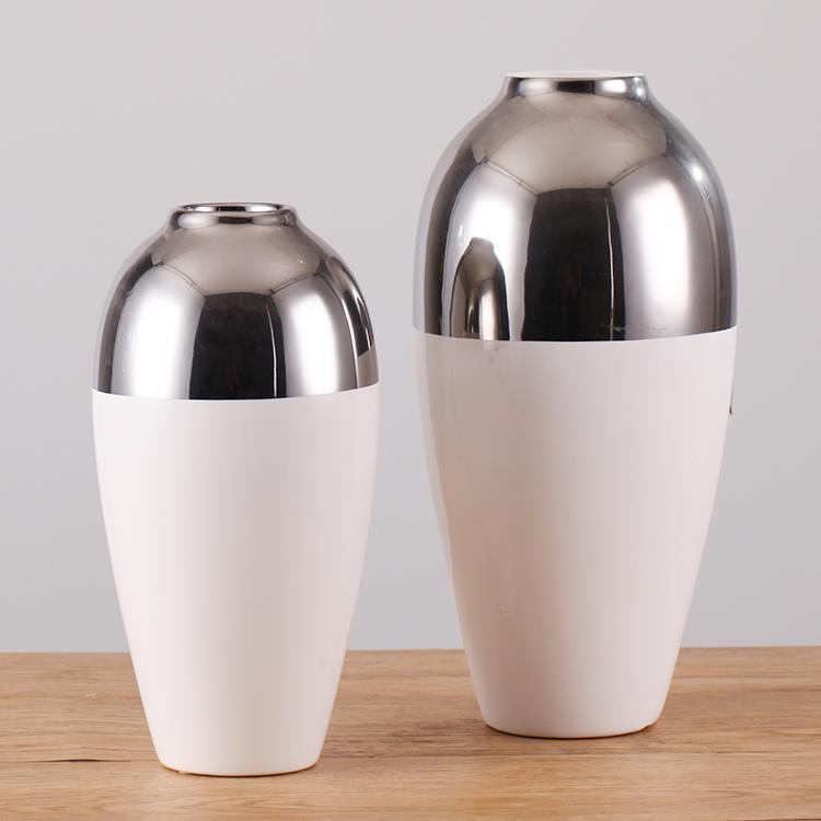 Modern Silver Plating Flower Vase Home Decorative Vases Simple White Ceramic Vase Hotel Restaurant Wedding Decoration