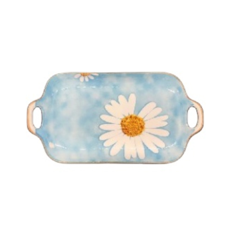 Cute Daisy Flower Ceramic Tableware 11.75" Rectangular Deep Dish Light Blue Dinnerware For Family Hotel Restaurant