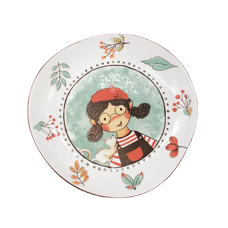 Little Girl Pattern Round Ceramic Tableware 7" Irregular Dinner Plate Fairytale Forest Dinnerware For Family Hotel Restaurant