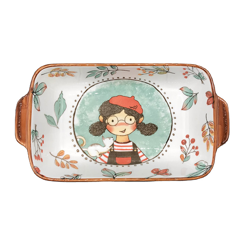 Cute Design Fairytale Forest 9" Rectangular Baking Dish Little Girl Pattern Ceramic Tableware Family Hotel Restaurant Dinnerware