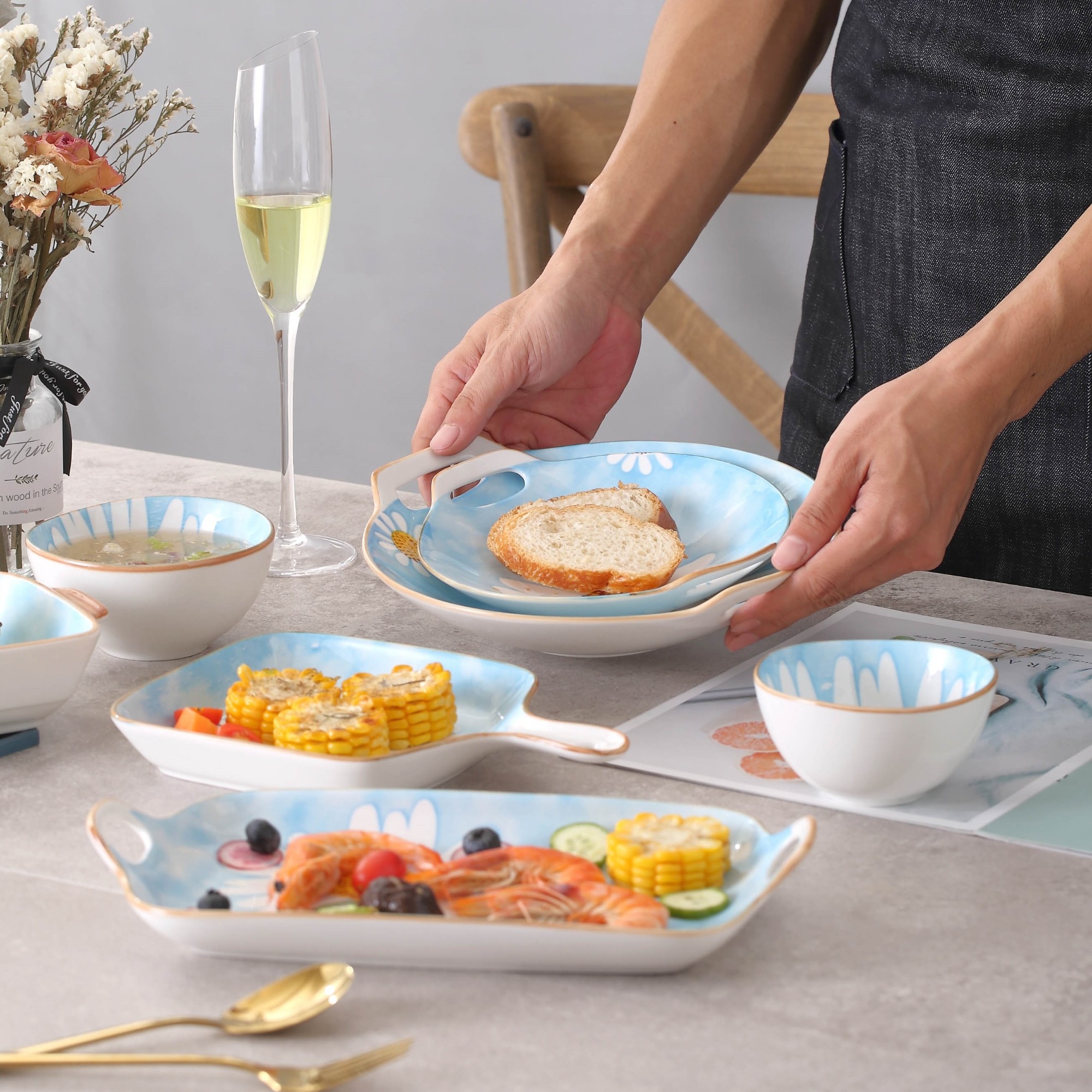 Blue-white Ceramic Tableware Daisy Flower Pattern 4.25" Irregular Dinner Bowl Family Hotel Restaurant Dinnerware Set