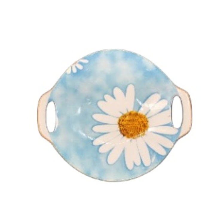 Simple Light Blue Ceramic Tableware 8" Round Deep Dish Daisy Pattern Dinnerware For Family Hotel Restaurant