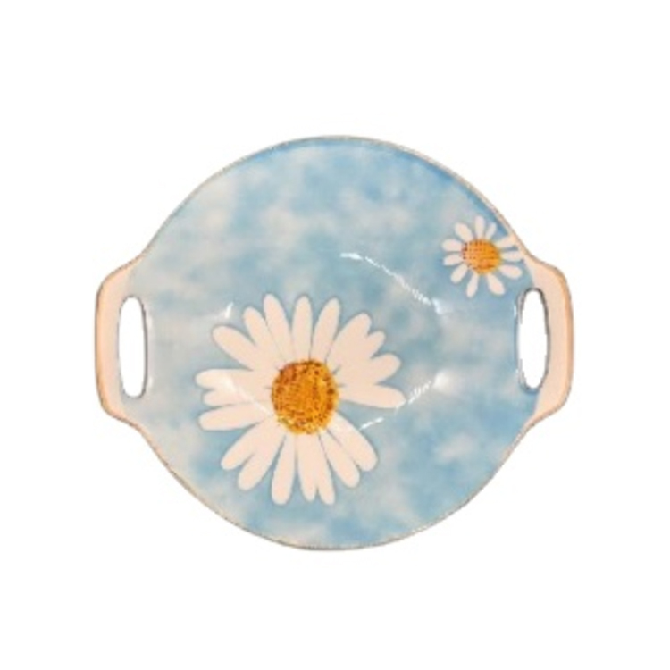 Simple Daisy Pattern Ceramic Tableware 10" Round Deep Dish Light Blue Dinnerware For Family Hotel Restaurant