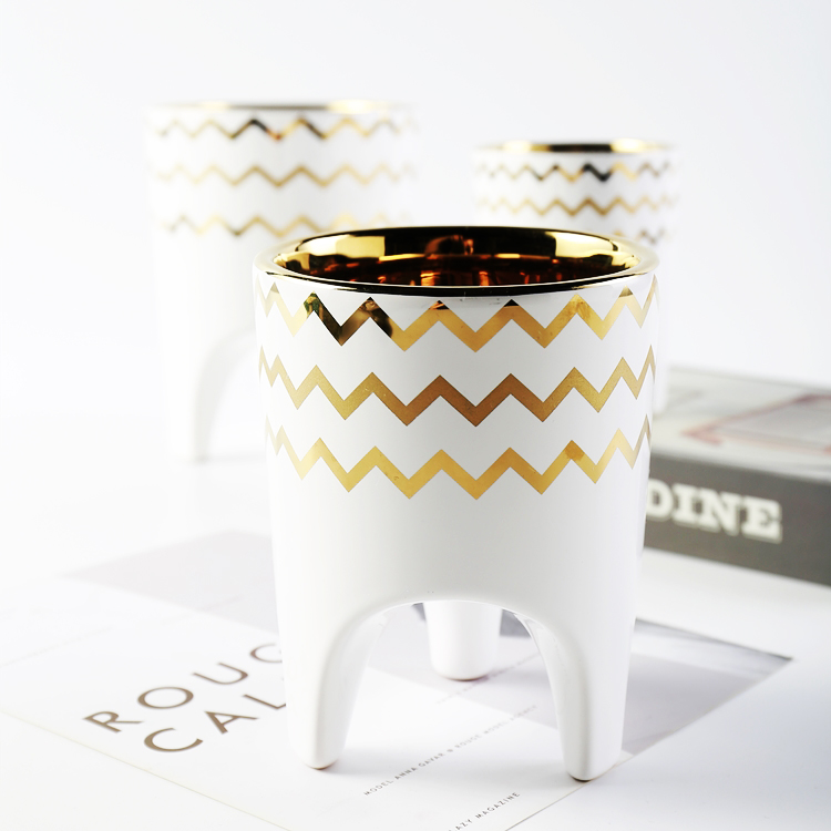 Flower Pot Gold Rim Decor Indoor Outdoor Simple Style Succulent Planter Flowerpot Decor Wonderful Design White Plant Pot Ceramic