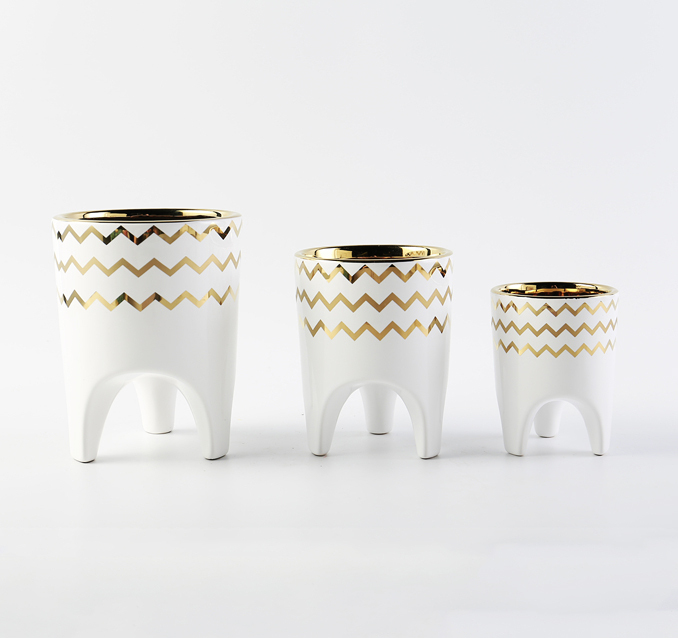 Flower Pot Gold Rim Decor Indoor Outdoor Simple Style Succulent Planter Flowerpot Decor Wonderful Design White Plant Pot Ceramic