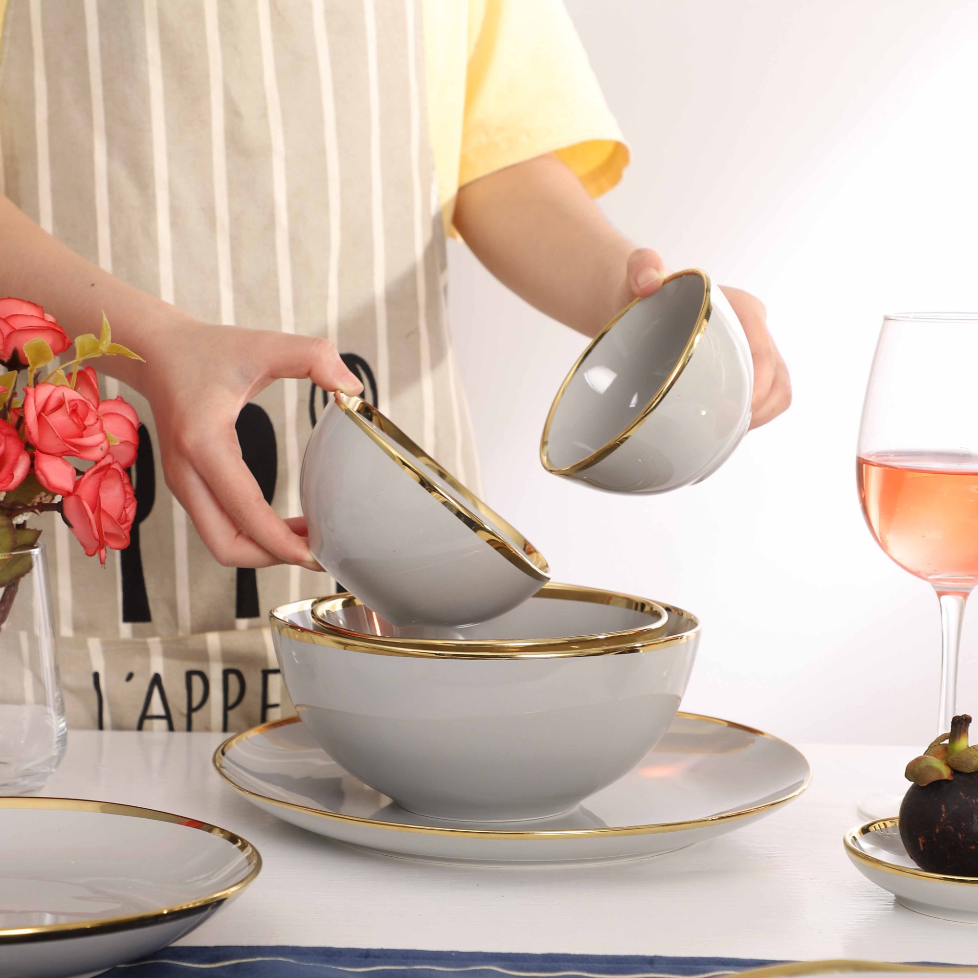 Modern Ceramic Dinnerware 8" Irregular Plate Luxury Gold Rim Porcelain Plates Family Hotel Restaurant Tableware Set
