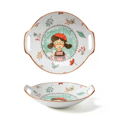 Ceramic Tableware 10" Round Plate With Double Handle Little Girl Pattern Fairytale Forest Dinnerware For Family Hotel Restaurant