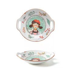 Fairytale Forest 8" Round Plate With Double Handle Ceramic Tableware Little Girl Pattern Dinnerware For Family Hotel Restaurant