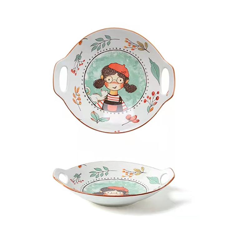 Fairytale Forest 8" Round Plate With Double Handle Ceramic Tableware Little Girl Pattern Dinnerware For Family Hotel Restaurant