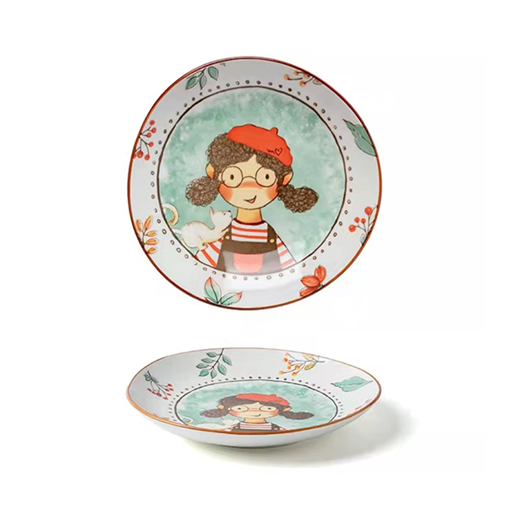 Round Ceramic Tableware 8.25" Irregular Dinner Plate Fairytale Forest Little Girl Pattern Dinnerware For Family Hotel Restaurant