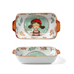Cute Design Fairytale Forest 9" Rectangular Baking Dish Little Girl Pattern Ceramic Tableware Family Hotel Restaurant Dinnerware