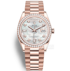 複刻勞力士星期日曆型系列m128345rbr-0028玫瑰金貝母盤鑲鑽鋼帶男士機械表 36毫米