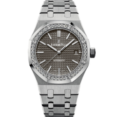 天然真鑽 愛彼皇家橡樹系列灰盤 鑲鑽鋼帶機械女士手錶