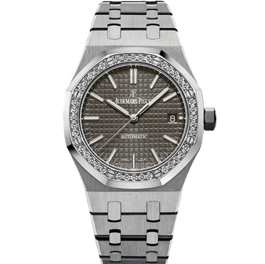 天然真鑽 愛彼皇家橡樹系列灰盤 鑲鑽鋼帶機械女士手錶