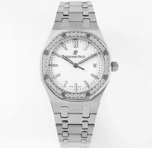 8F廠複刻愛彼皇家橡樹34mm 鑲鑽白盤鋼帶女士機械手表