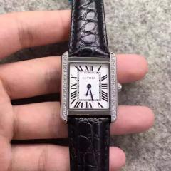 卡地亞坦克女款精巧鑲鑽自動機械女士腕表  白色