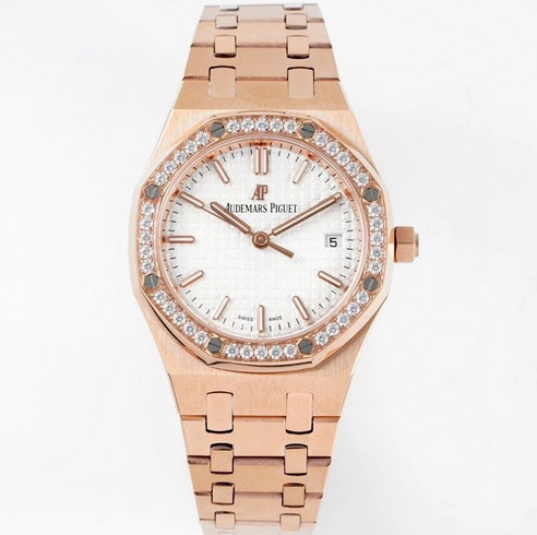 8F愛彼皇家橡樹系列34mm玫瑰金鑲鑽女士機械手表