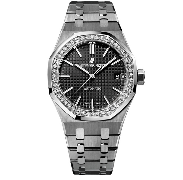 愛彼皇家橡樹系列鑲鑽黑盤女士鋼帶機械表 天然真鑽 正品開模