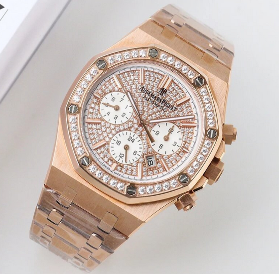 UF愛彼皇家橡樹系列特別款“TAPISSERIE”玫瑰金鑲鑽計時鋼帶手錶