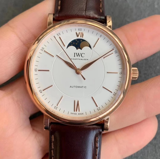 MKS萬國柏濤菲諾系列IW459401玫瑰金月相 棕色皮帶男士機械手表