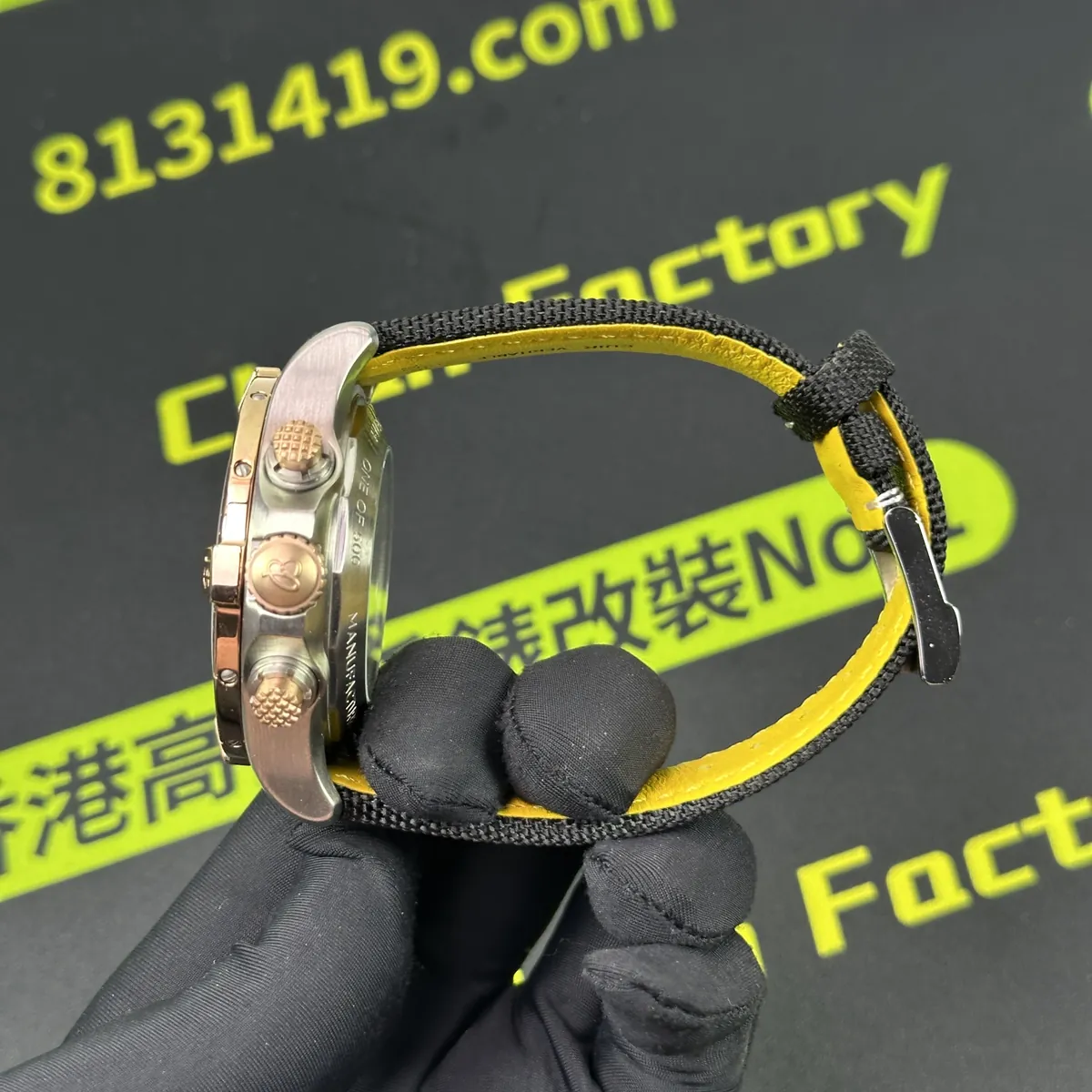 BLS廠百年靈復仇者B01計時45玫瑰金圈版 側面表冠與計時按鈕實拍