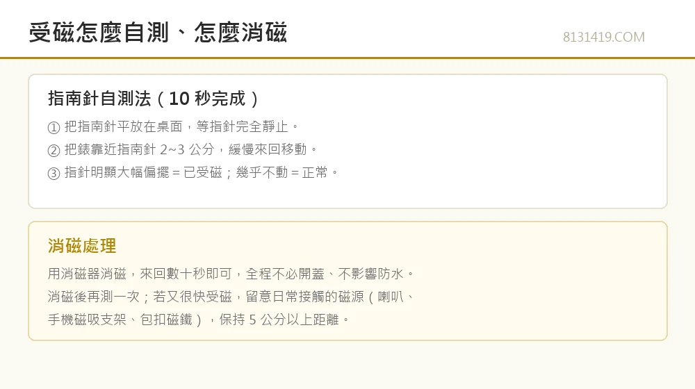 手錶受磁自測與消磁流程圖 指南針檢測法