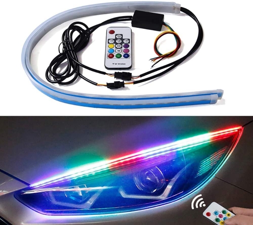 Exterior Car LED Lights - Multicolor 2 Pcs 17.71 inches Daytime Running Lights, RGB Flexible LED Strip Light Kits - for Car Replacement Switchback Headlight Decorative Lamp and Turn Signal Lights