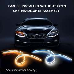 Car LED Strip Lights, 2 Pcs 24 Inch Flexible Headlight Strips DRL Light Tube, Dual Color White and Amber Daytime Running Lights Waterproof Neon Turn Signal Bulb Sequential Switchback