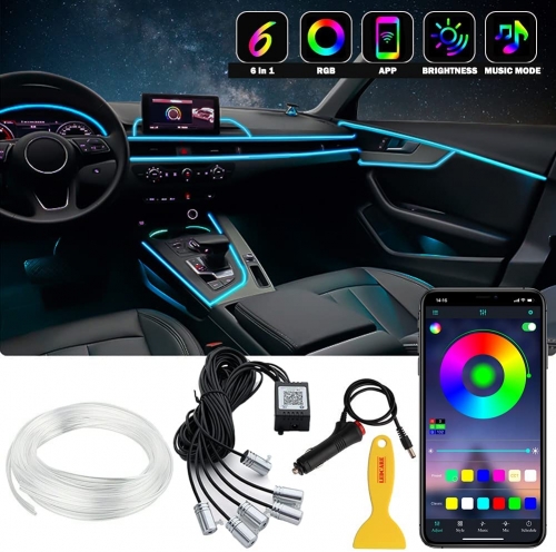 Interior Car LED Strip Lights, 6 in 1 Multicolor RGB Car Neon Ambient Lighting Kits with 315 inches Fiber Optic, 16 Million Colors Sound Active Function and Wireless Bluetooth APP Control