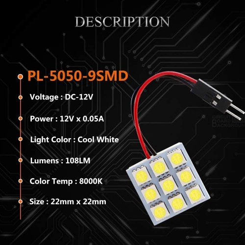 6-Pack Cool White 5050 9SMD Led Panel Dome Light Auto Car Reading Interior Lamp DC 12V with T10 / BA9S / Festoon Adapters