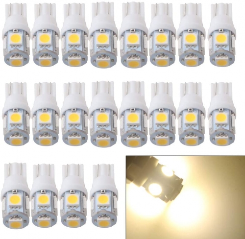 194 Led Bulb 5050 5-SMD T10 194 168 W5W 2825 LED Bulb for Car Interior Lights Dome Map Trunk Light Clearance Dashboard Bulb License Plate Light, Warm White, DC 12V