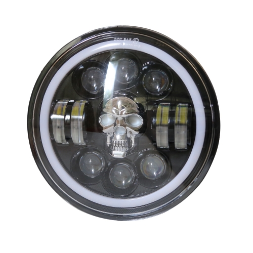 2021 Newest skull design headlight 7inch drl cheap price led headlight 7inch chrome cover H4 high low beam RGB