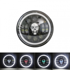 2021 Newest skull design headlight 7inch drl cheap price led headlight 7inch chrome cover H4 high low beam RGB